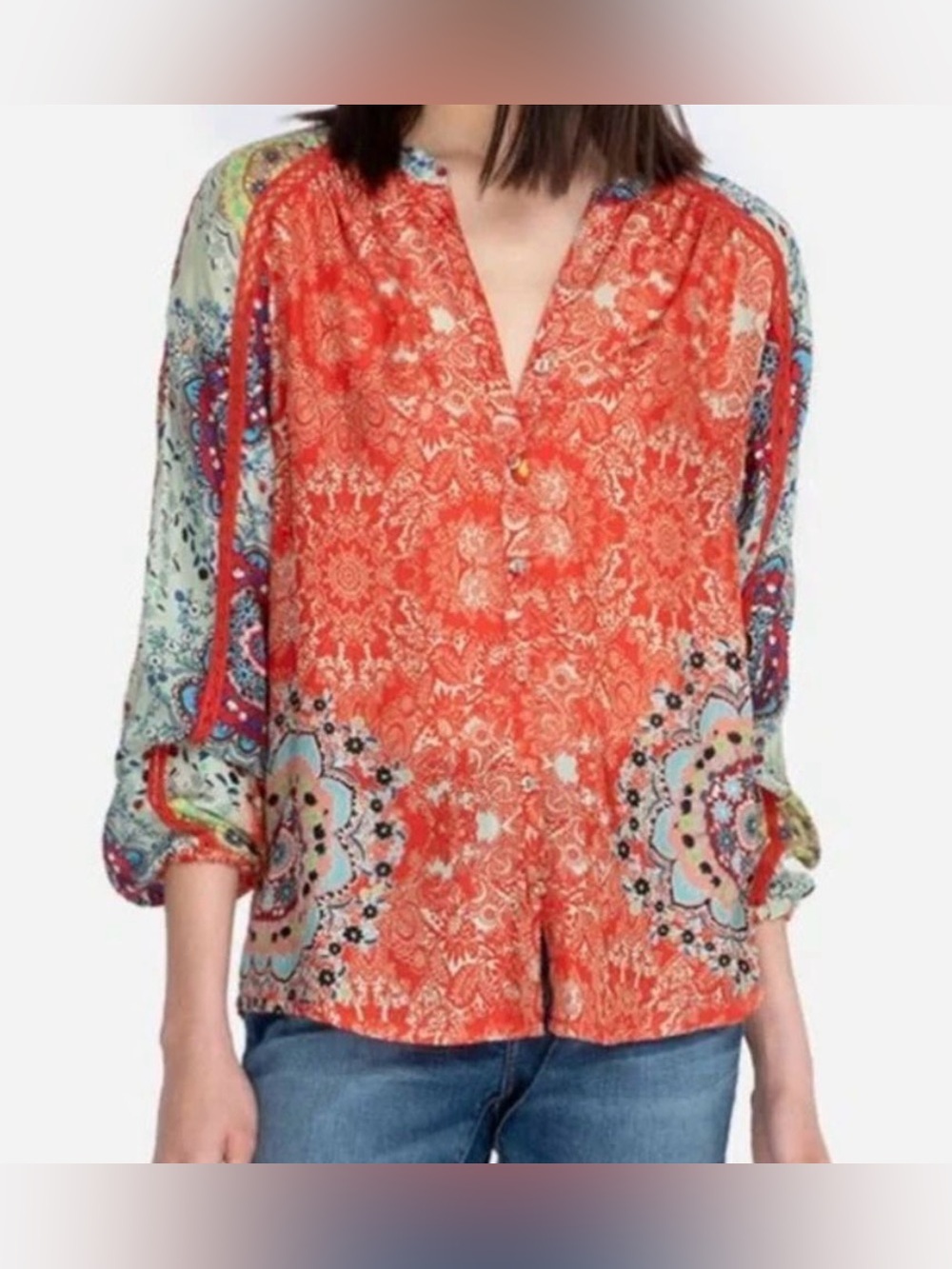 Johnny Was Silk Orange Mixed Print Button Up Blouse - Size XL